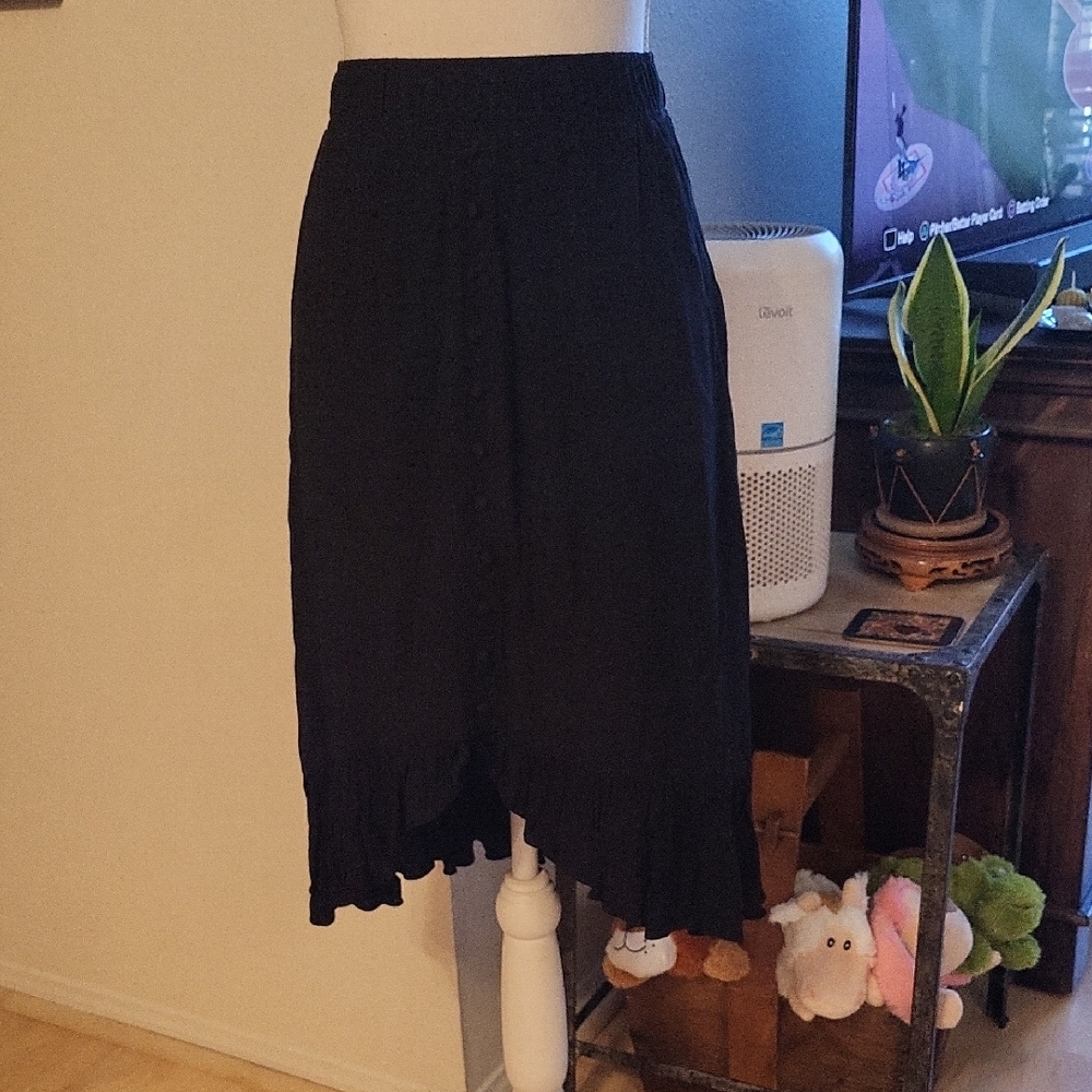 Loft Black Midi Skirt Flowy Stretchy Waist Front Faux Buttons Sheer
